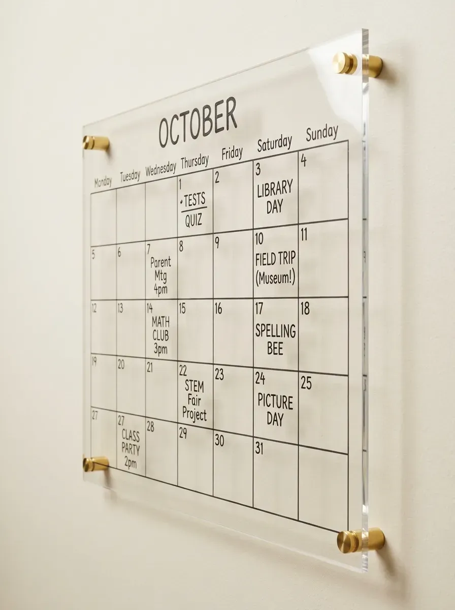A modern clear acrylic classroom calendar board mounted with elegant brass wall stand-offs