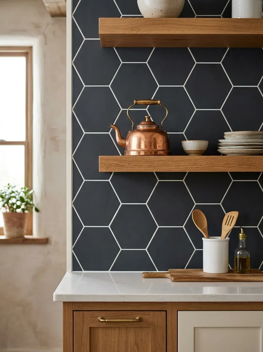 Sophisticated kitchen backsplash showing intricate arabesque cement tiles with delicate gray patterns