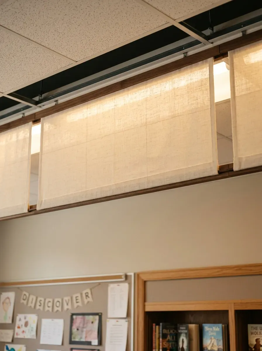Soft classroom lighting showing custom linen fabric ceiling filters diffusing overhead glare