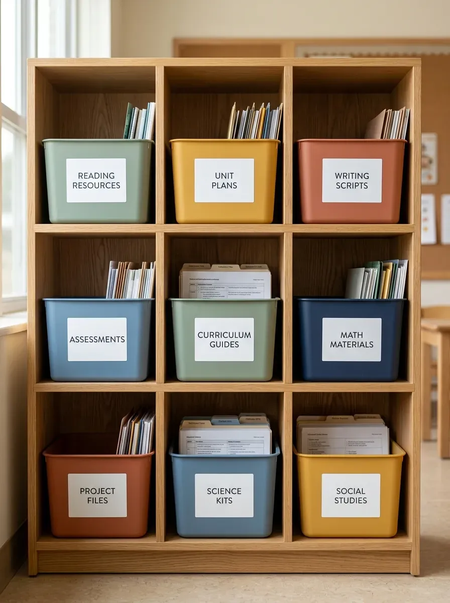 Symmetrical white oak open storage shelves filled with neat color-coded storage bins