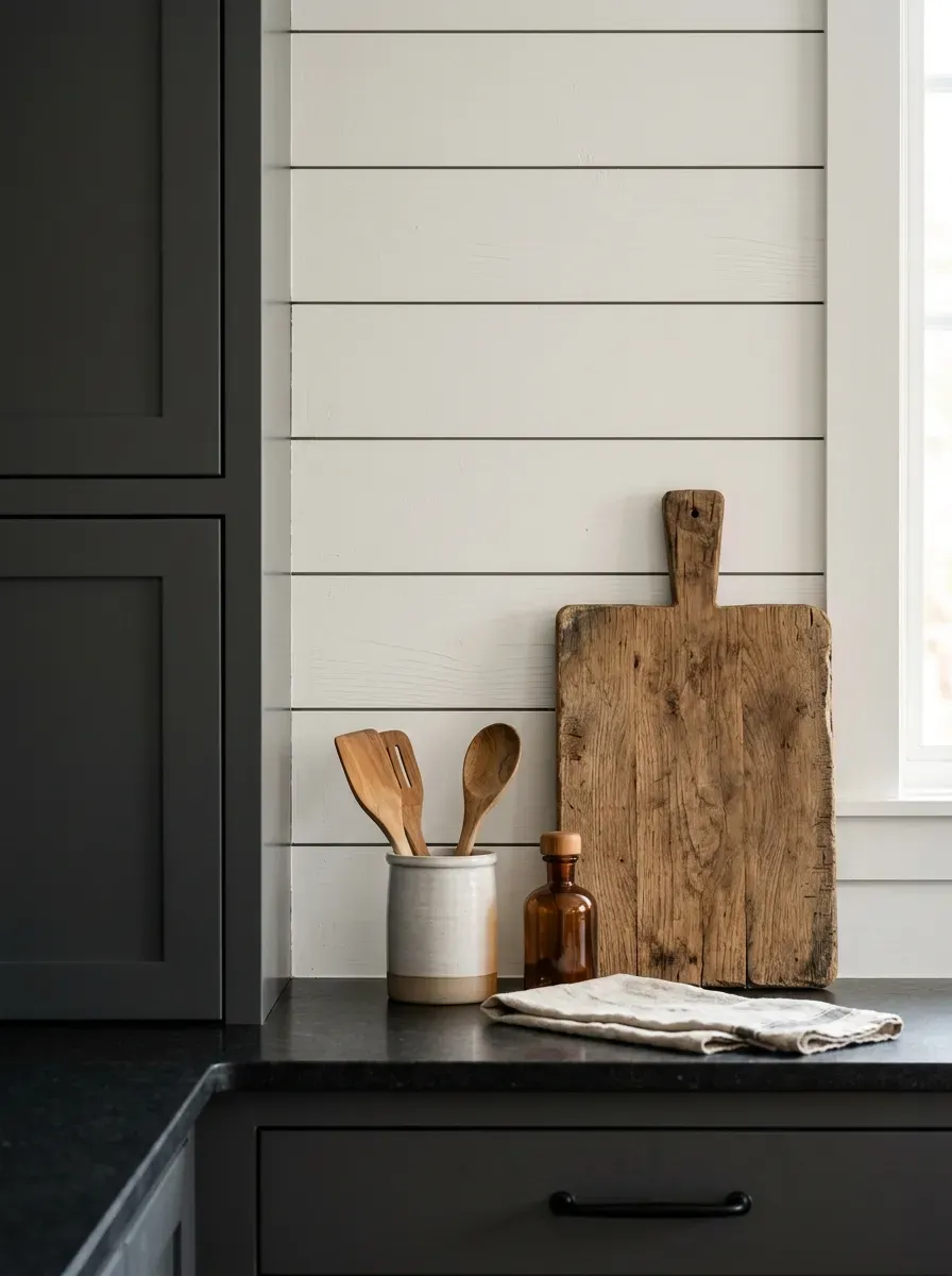 Minimalist industrial farmhouse kitchen featuring a smooth concrete overlay backsplash with a matte finish