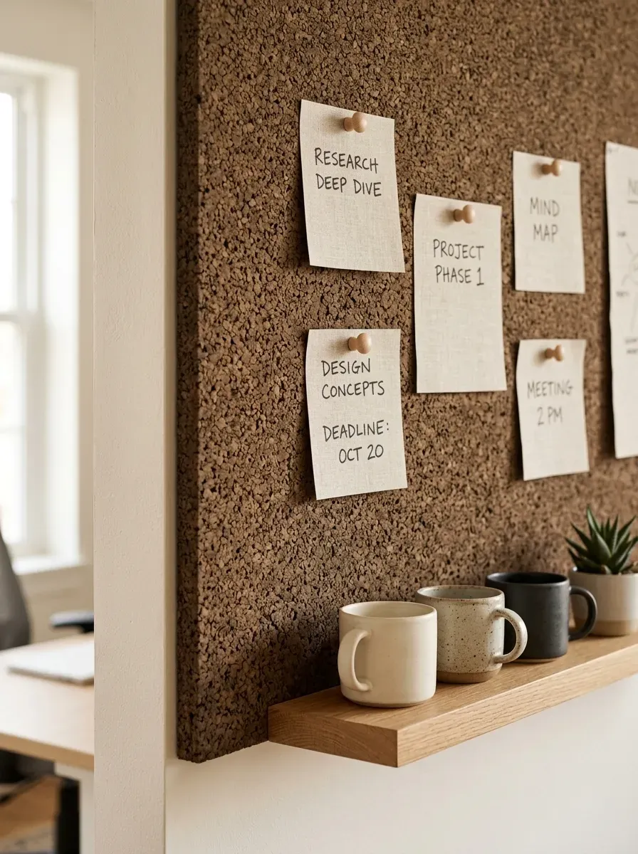 Detailed view of a seamless natural cork board wall decorated with warm neutral paper notes