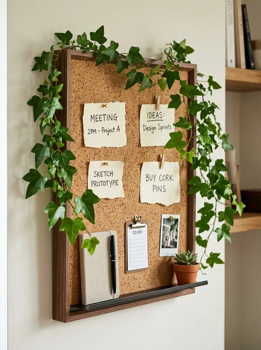 Seamless natural cork board accent wall bordered with delicate green ivy vines