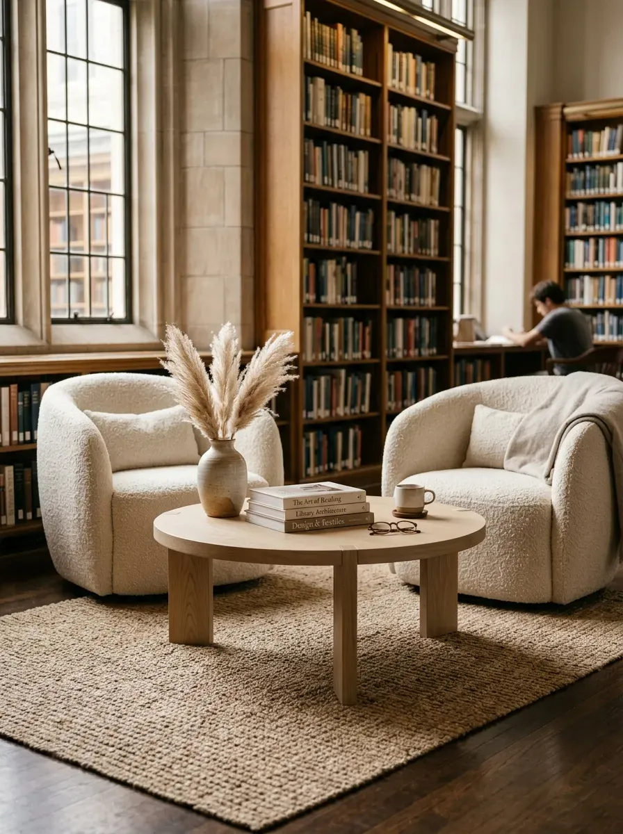 A high-end view of a sophisticated study nook featuring cream boucle accent chairs and warm lighting