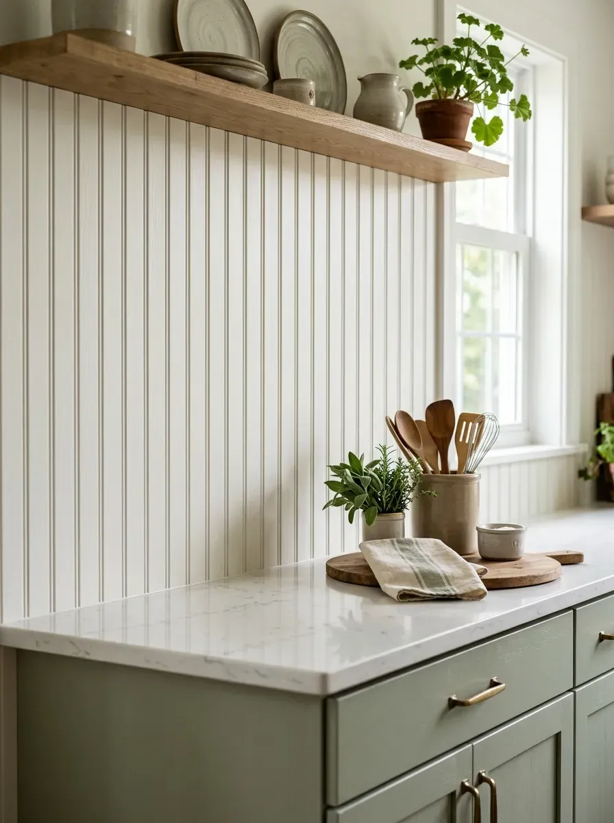 Warm farmhouse kitchen showcasing a rustic distressed red brick veneer backsplash