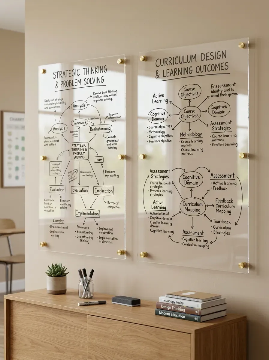 Organized classroom brainstorming wall featuring clear acrylic dry-erase boards