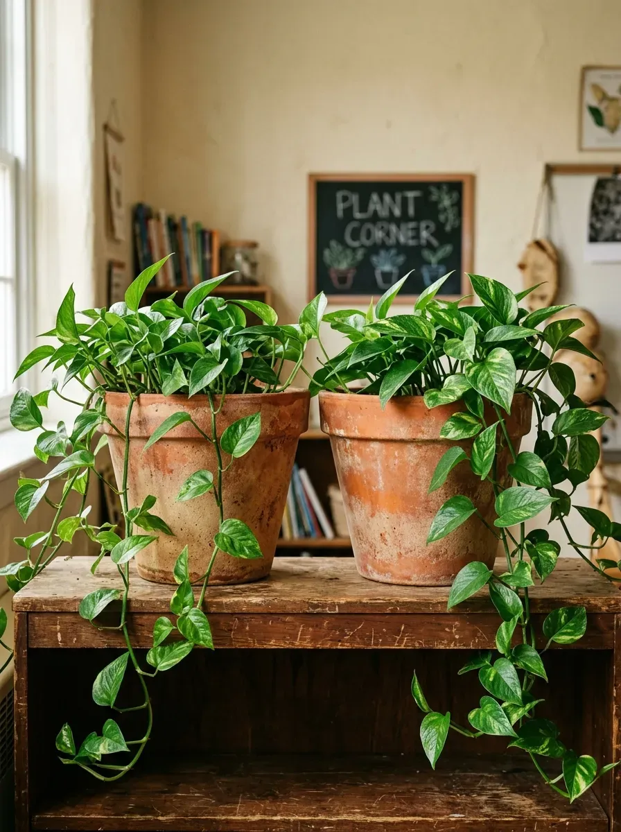 A collection of warm terracotta pots holding lush green pothos vines cascading over oak shelves