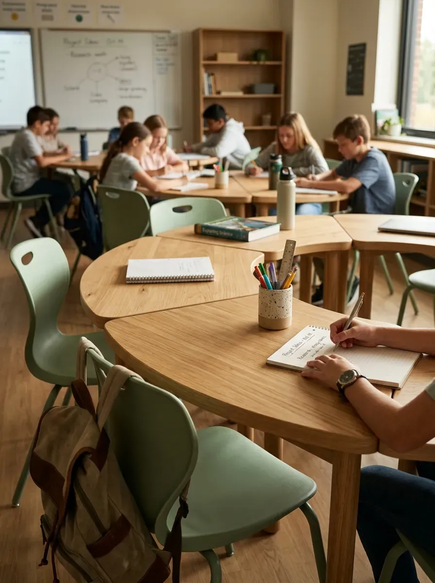 Symmetrical arrangement of curved white oak collaborative desks with ergonomic sage green chairs