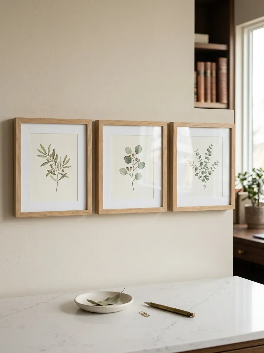 A stunning gallery wall featuring minimalist botanical prints in light oak frames