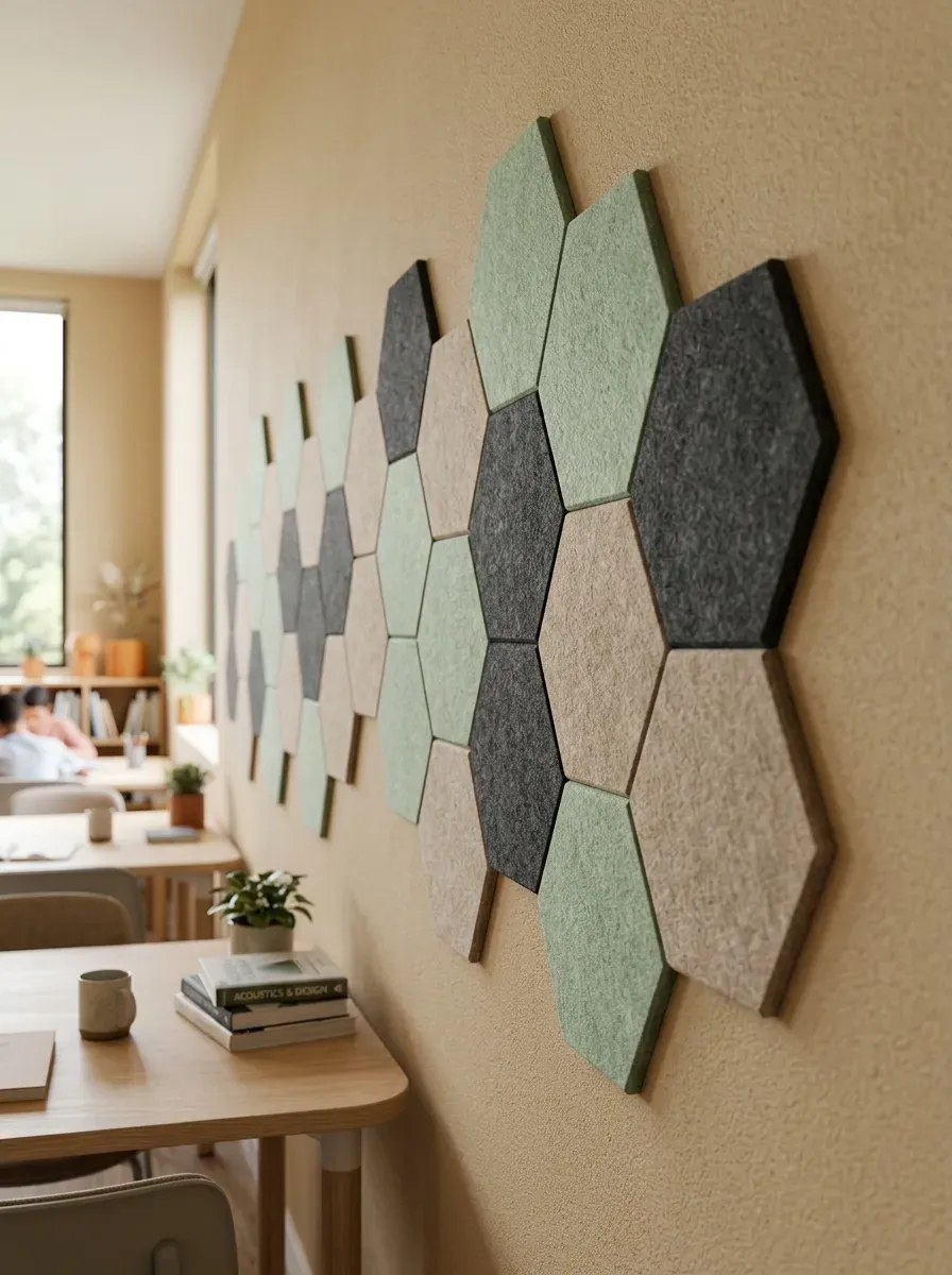 Elegant hexagon-shaped acoustical felt panels in neutral colors arranged on a wall