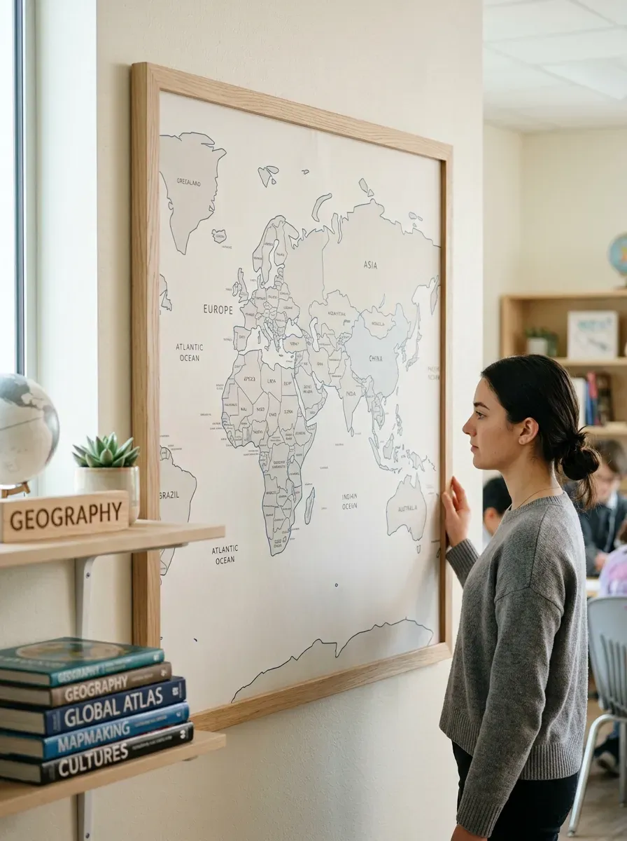 A large minimalist world map wall mural with clean geometric lines in a white oak frame