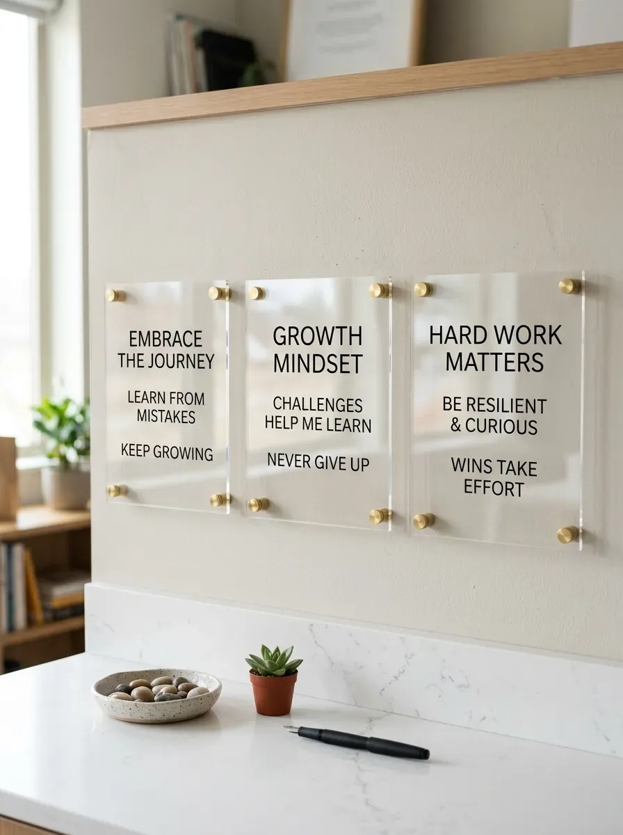 A stunning modern classroom wall displaying clear acrylic signs with minimalist typography