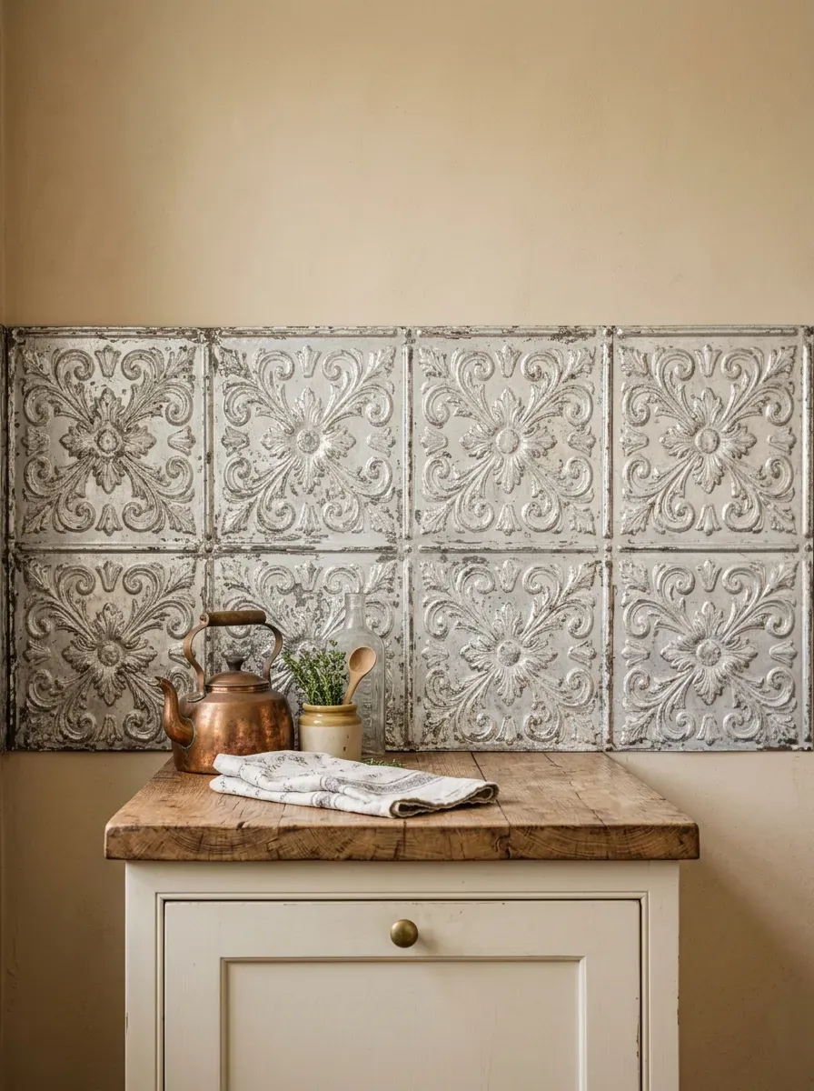 Seductive copper backsplash featuring a hand-hammered texture with rich warm highlights