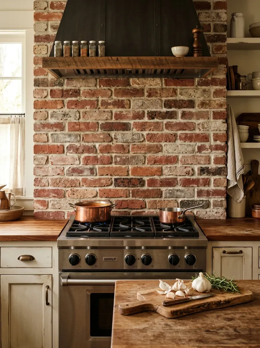 Enchanting kitchen backsplash featuring glossy hand-glazed terracotta zellige tiles with natural color variations