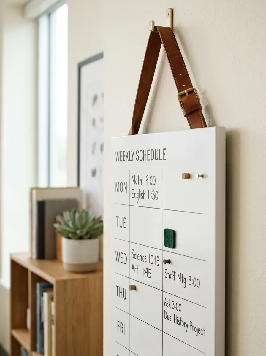 A modern white magnetic board hanging from a leather strap on a beige wall