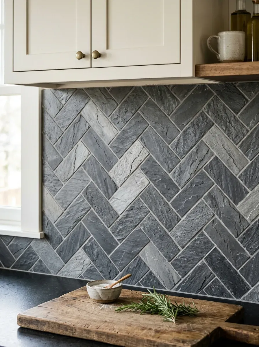 Minimalist luxury kitchen featuring a seamless honed white marble slab backsplash with dark gray veining