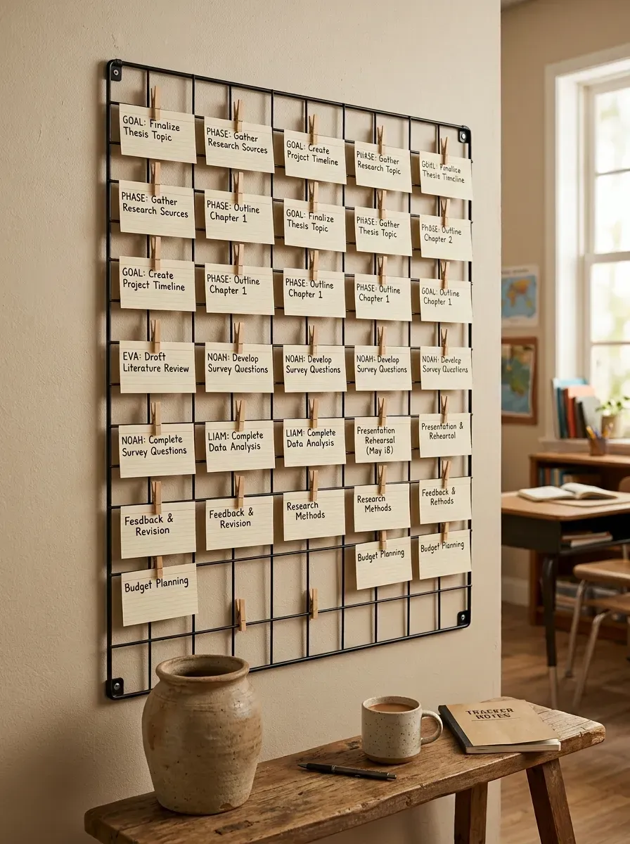 A beautifully arranged modern wire grid wall tracker displaying student goals and progress