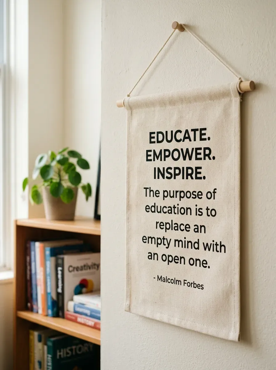 A clean cream linen flag banner featuring minimalist printed typography hanging on a beige wall