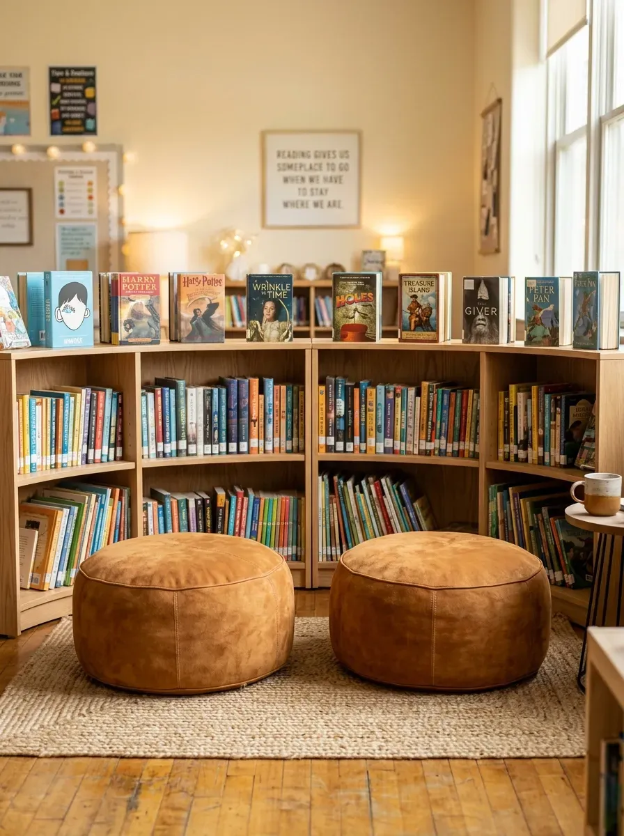 Sleek curved white oak bookcases surrounding a reading area with warm suede floor poufs