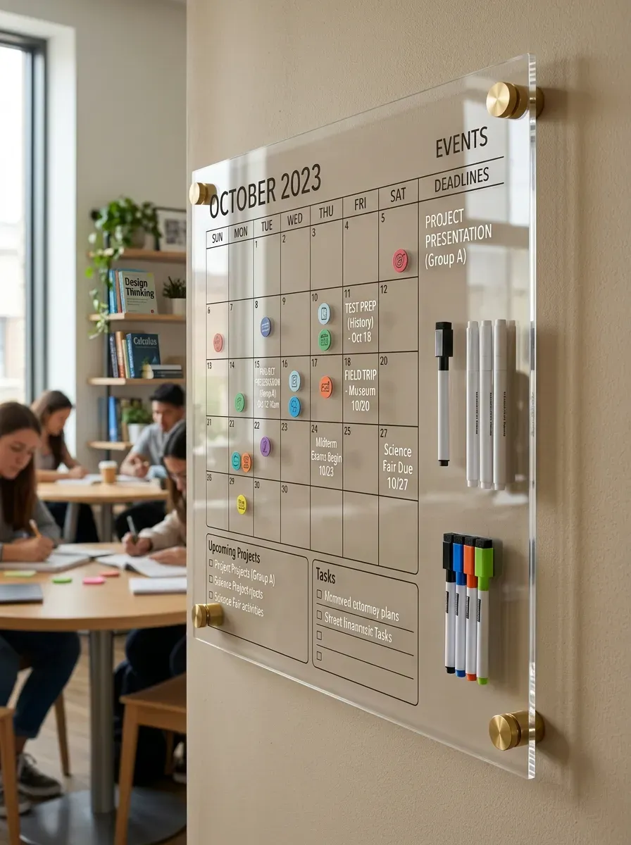 A modern clear acrylic classroom calendar board mounted with elegant brass stand-offs