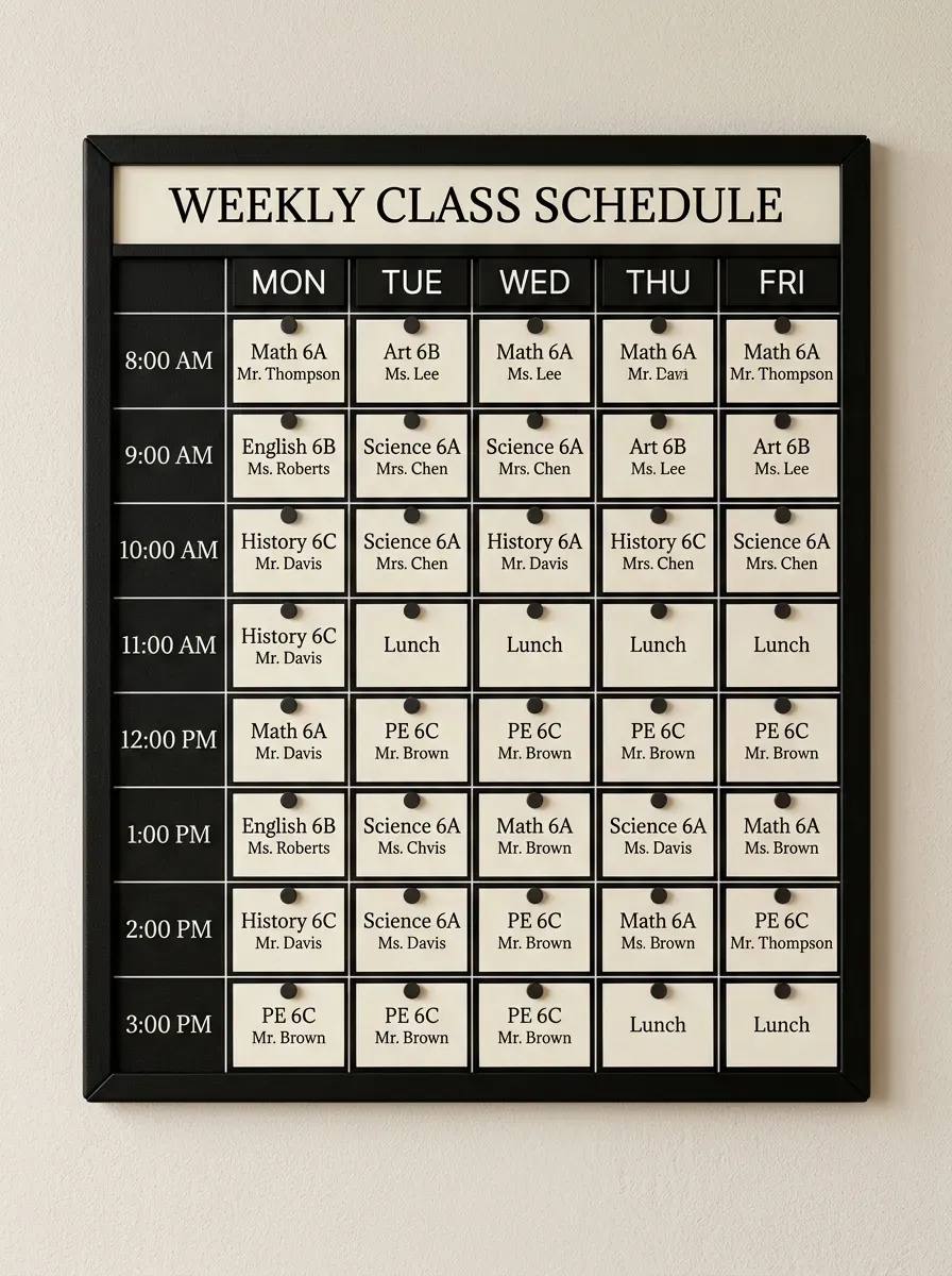 Matte black metal magnetic daily agenda board with organized classroom schedules