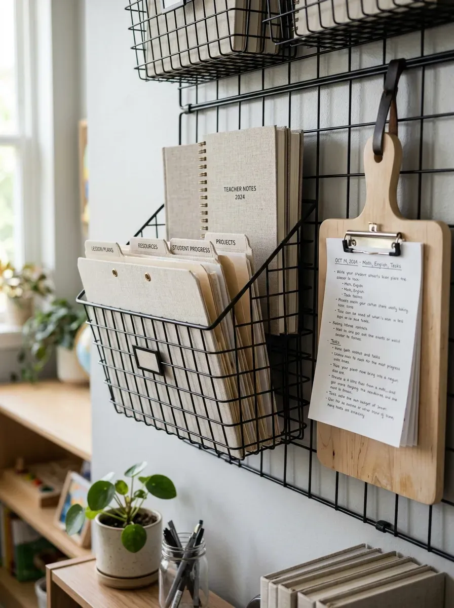 Sleek modern command center with matte black wire baskets and linen folders