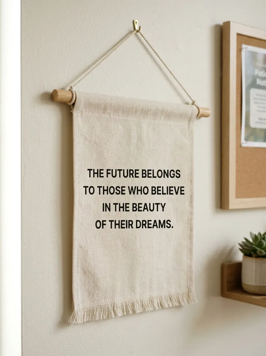 A clean cream linen flag banner featuring minimalist printed typography hanging on a beige wall