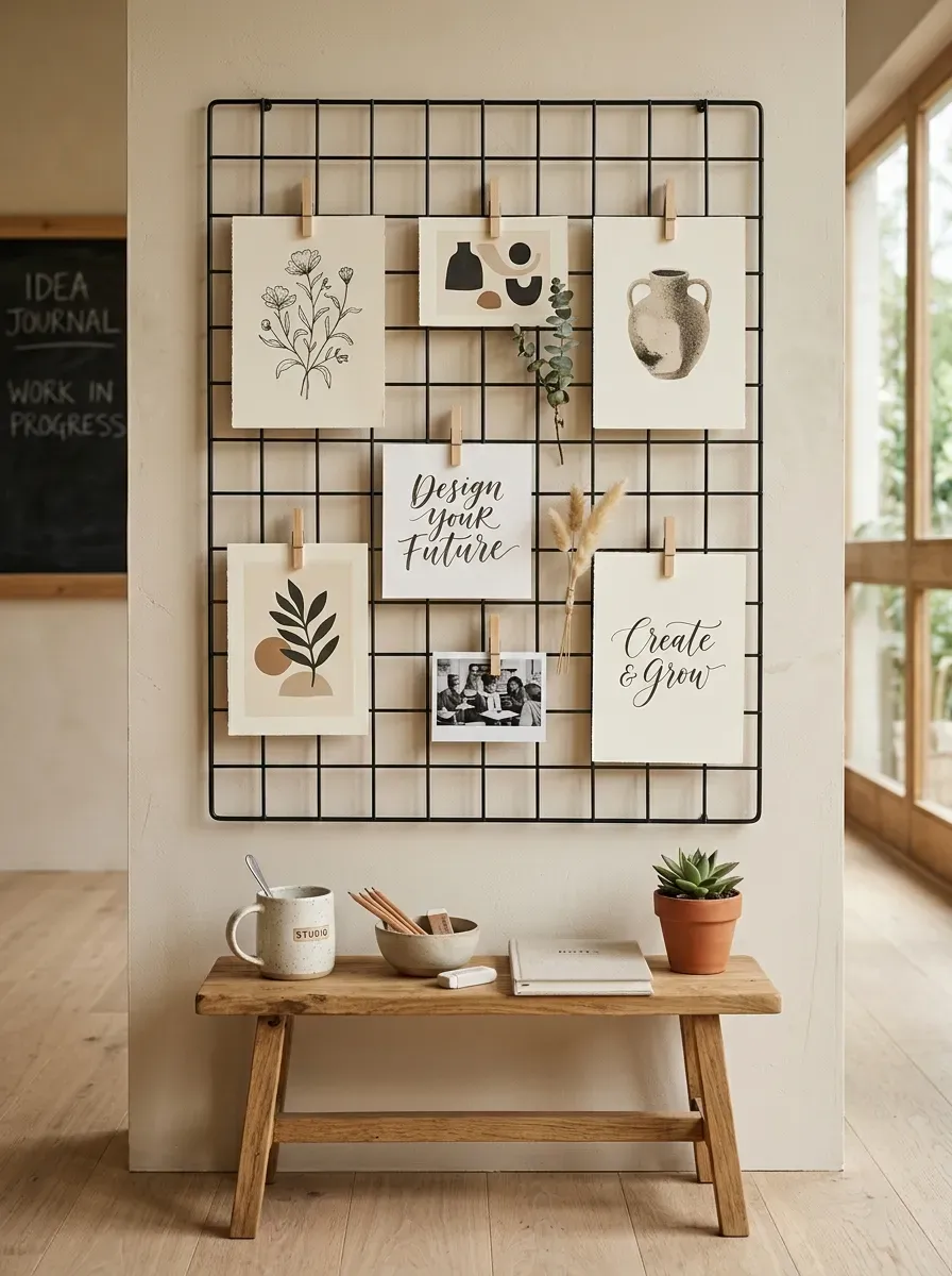 A beautifully arranged modern wire wall grid displaying student work with wooden clips