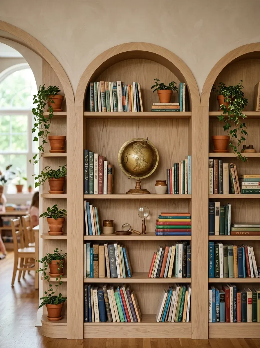 Sleek curved arched bookcases built of white oak wood containing organized classroom libraries