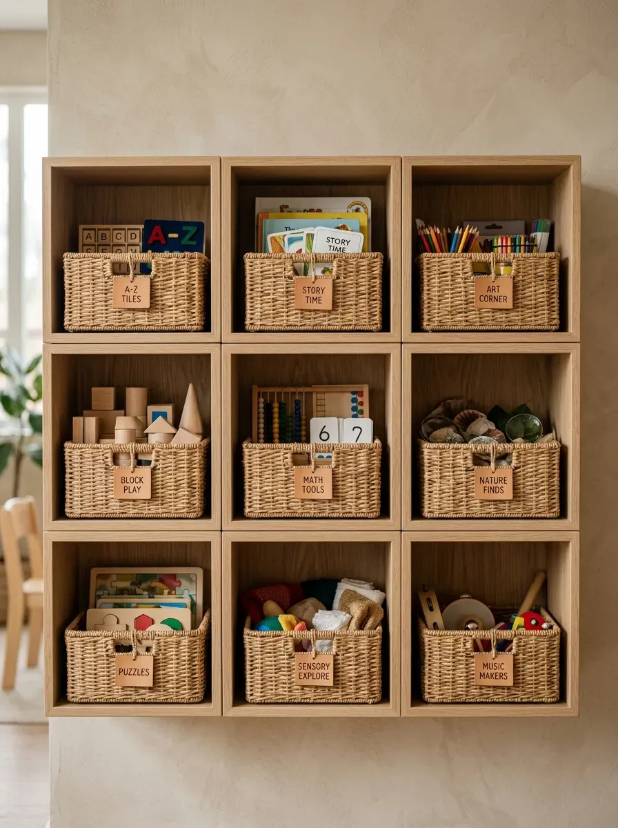 Sleek white oak modular cubbies filled with beautiful hand-woven rattan baskets