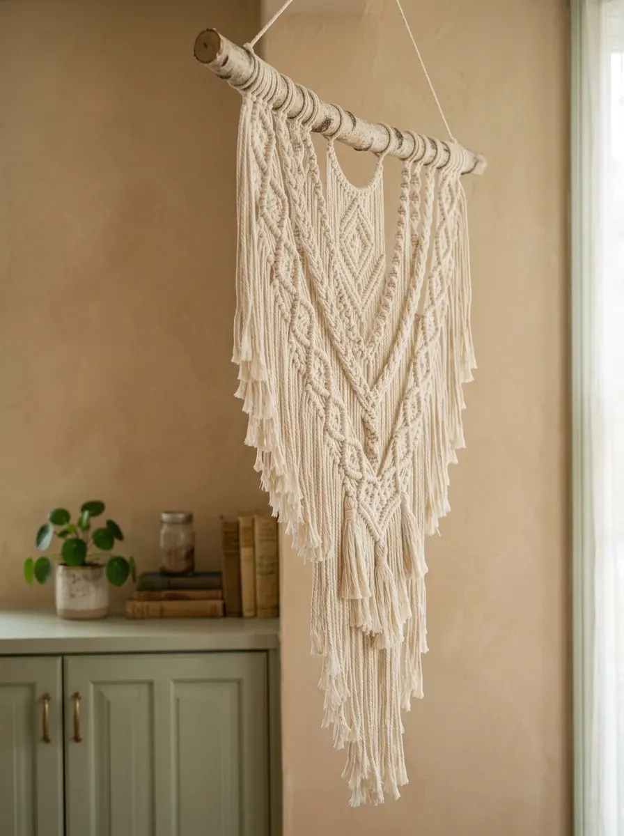 Elegant handmade cotton macrame wall hanging displaying intricate textile textures