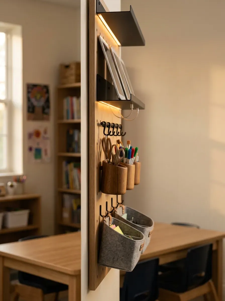 Sleek white oak pegboard wall organizing school supplies and tablet charging cables