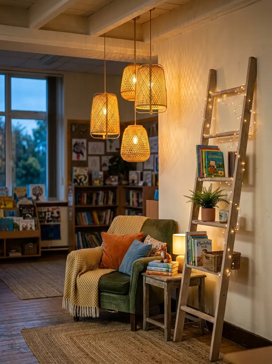 Cosy reading area featuring glowing rattan lanterns and delicate warm fairy lights