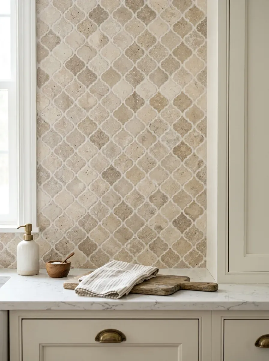 Elegant kitchen featuring a sage green stacked zellige tile backsplash