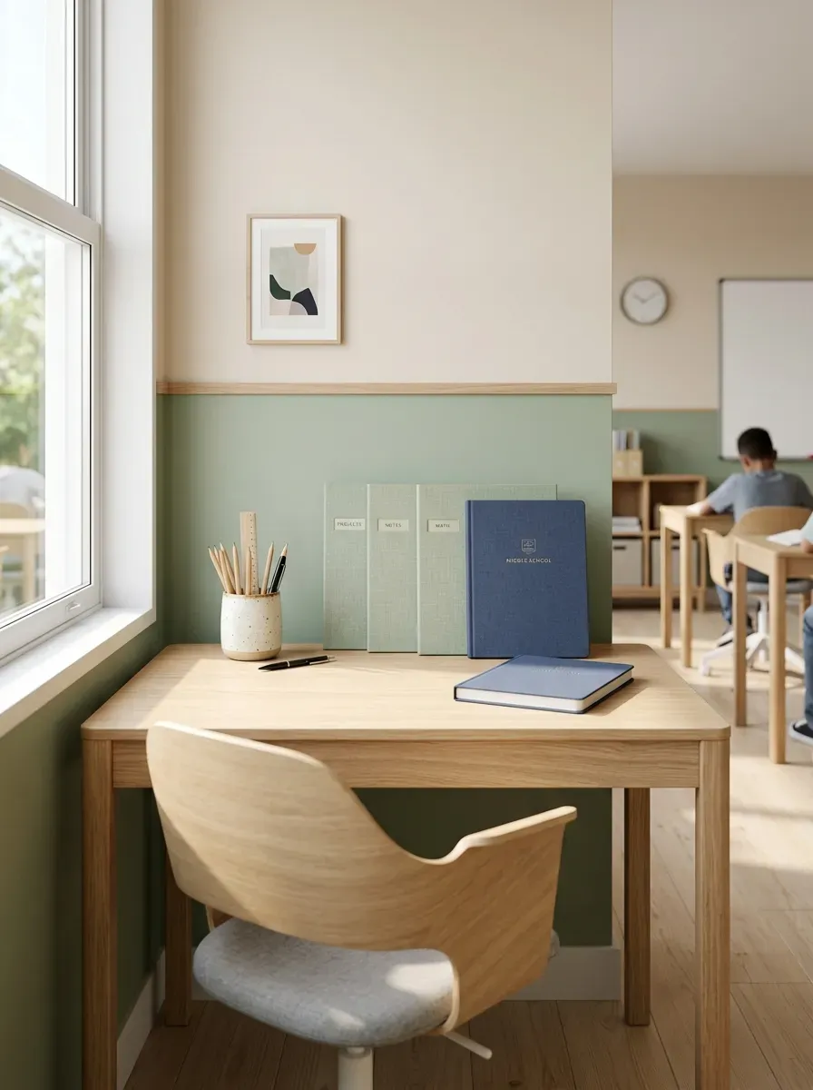 High-end close-up of a middle school classroom styled in a calming sage green and navy blue color scheme