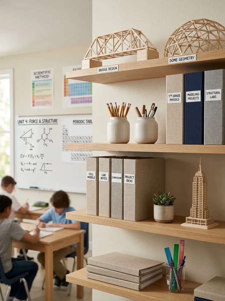 Sleek white oak floating shelves displaying neat wooden model projects and ceramic vessels