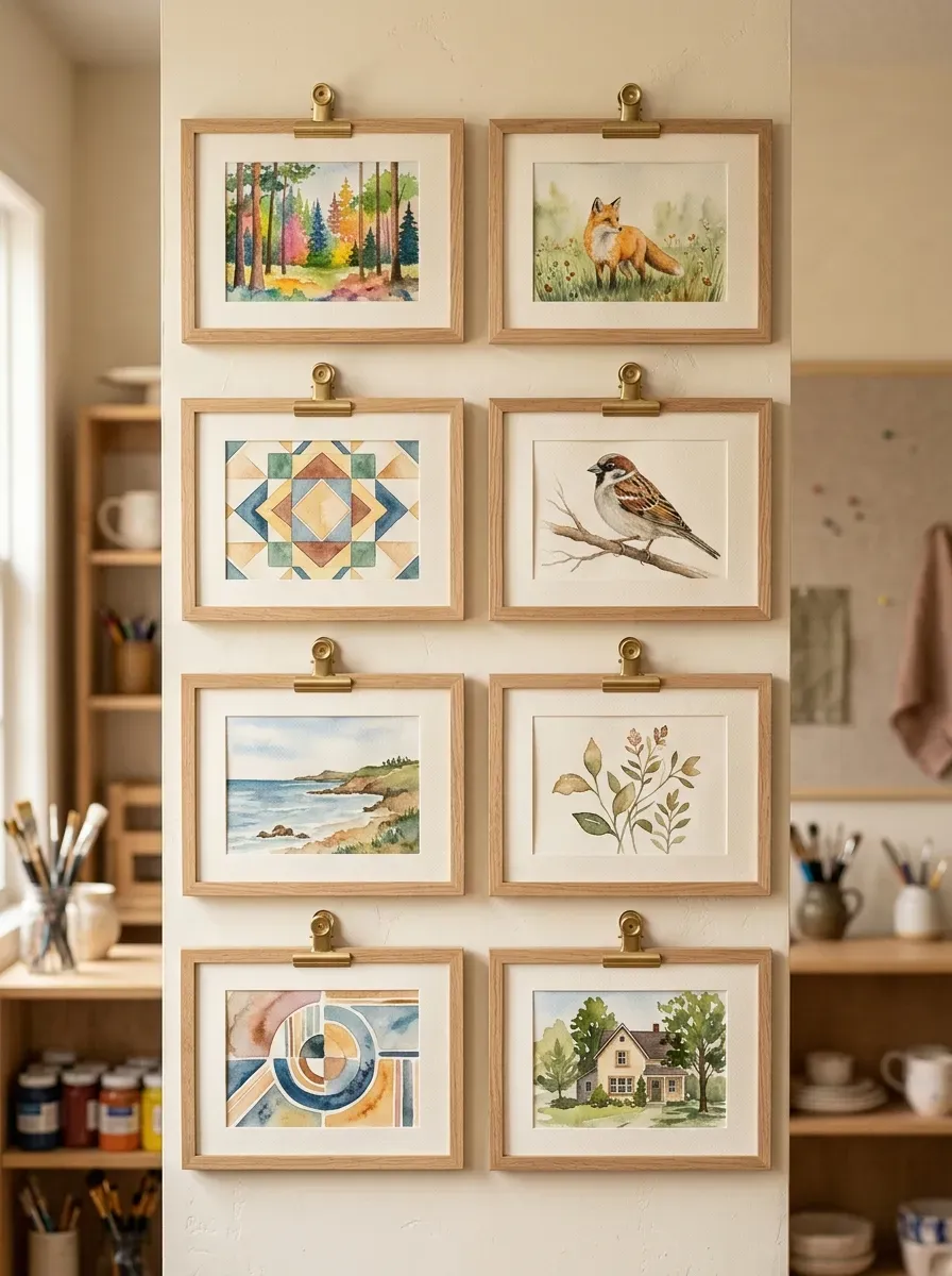 A collection of framed cream watercolor papers held by elegant brass clips on a beige wall