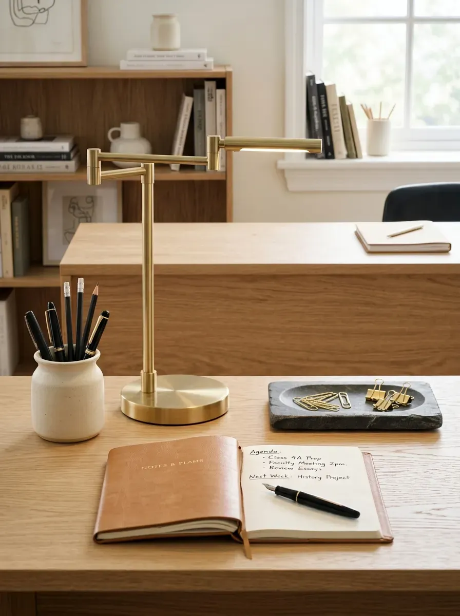 Organized teacher desk featuring sleek brushed brass and warm stoneware organizers