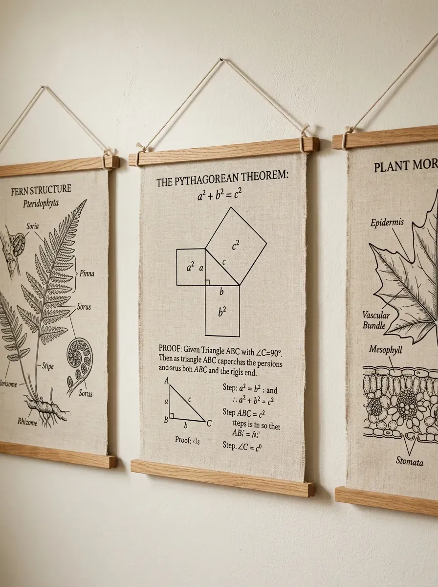 Elegant canvas anchor charts with printed academic illustrations hanging from wooden dowels