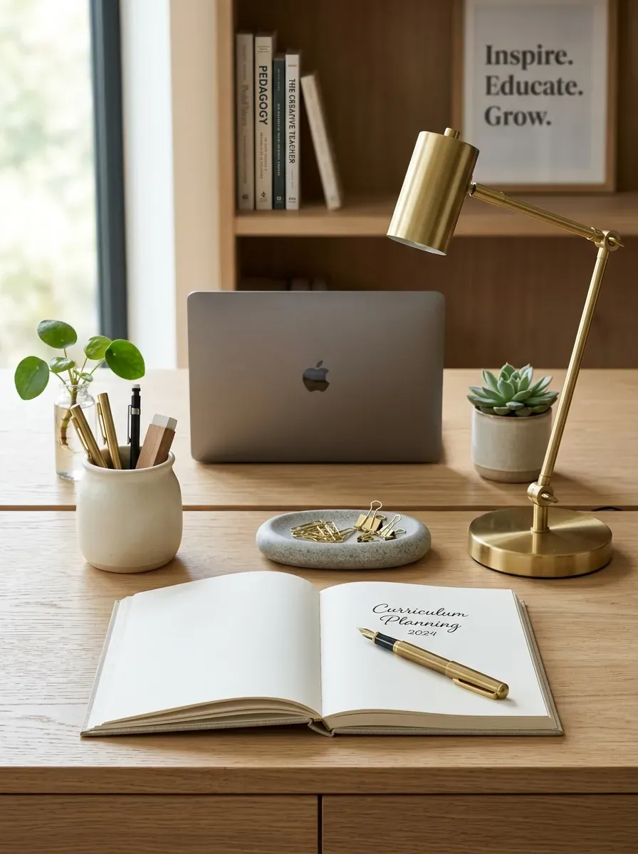 Organized white oak teacher desk featuring sleek brushed brass and ceramic organizers