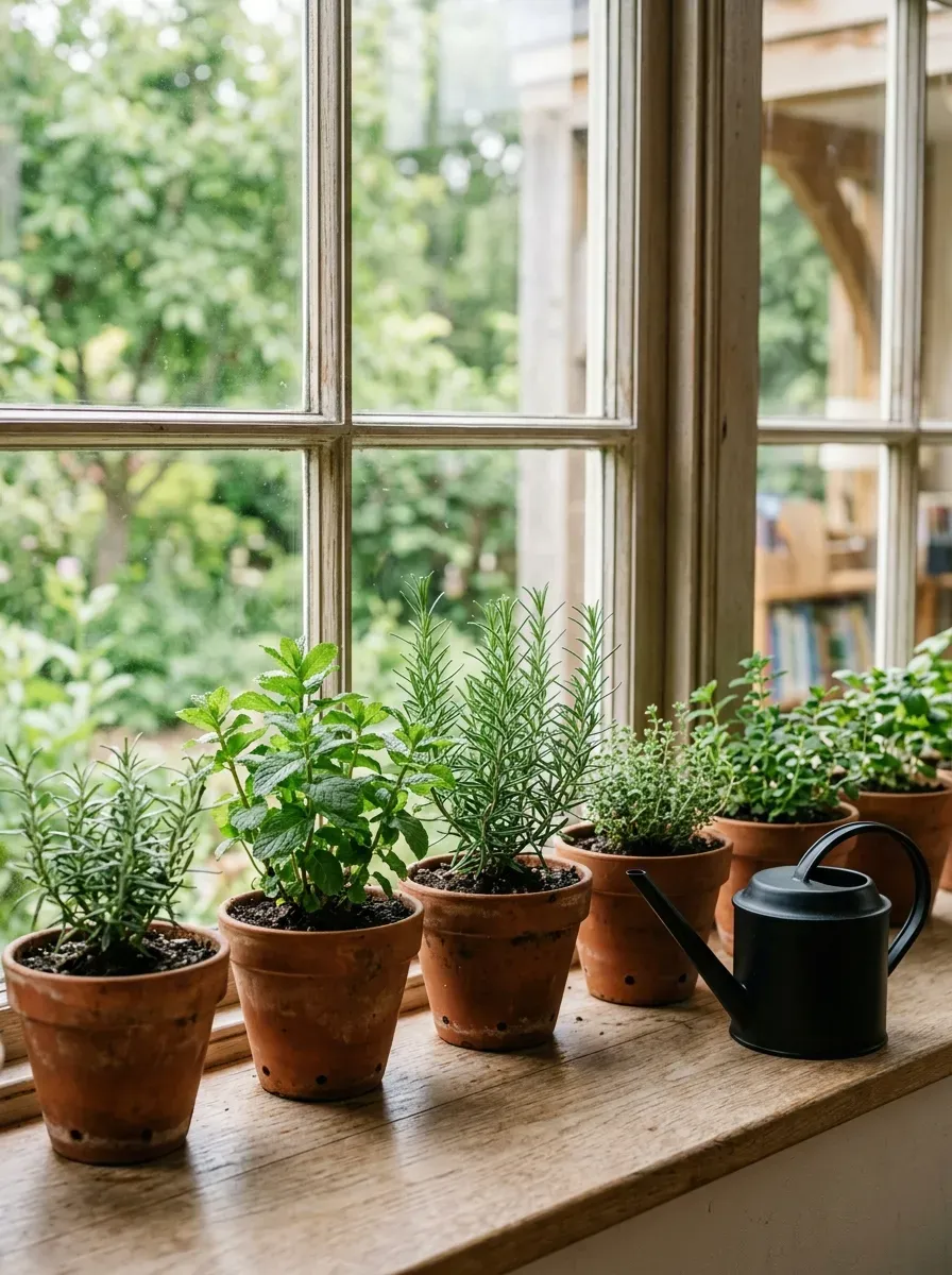 A row of small terracotta pots with fresh green herbs lined up on a sunlit classroom windowsill