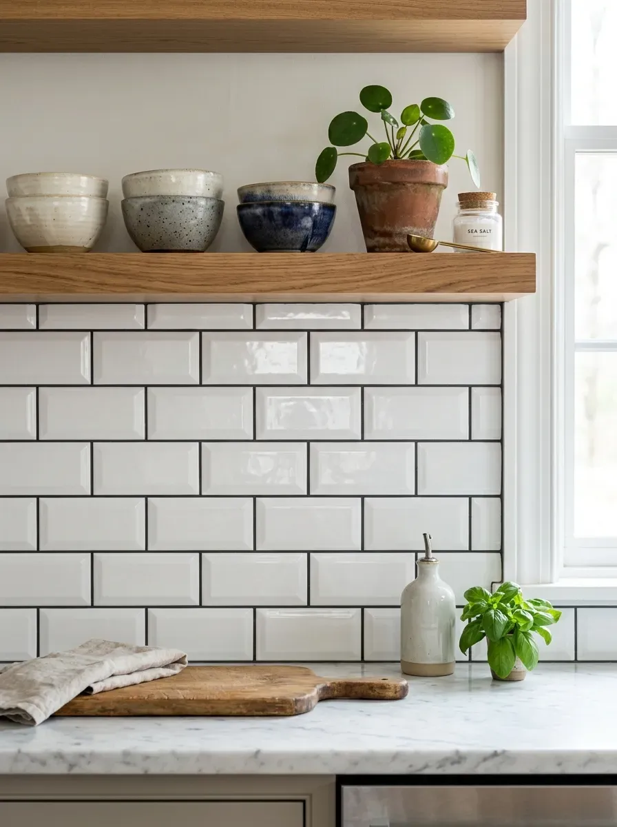 Detailed shot of an elegant tumbled travertine arabesque mosaic backsplash in cream tones