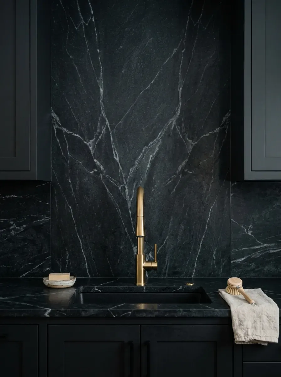 Cozy farmhouse kitchen showing a natural tumbled travertine stone backsplash in warm cream tones