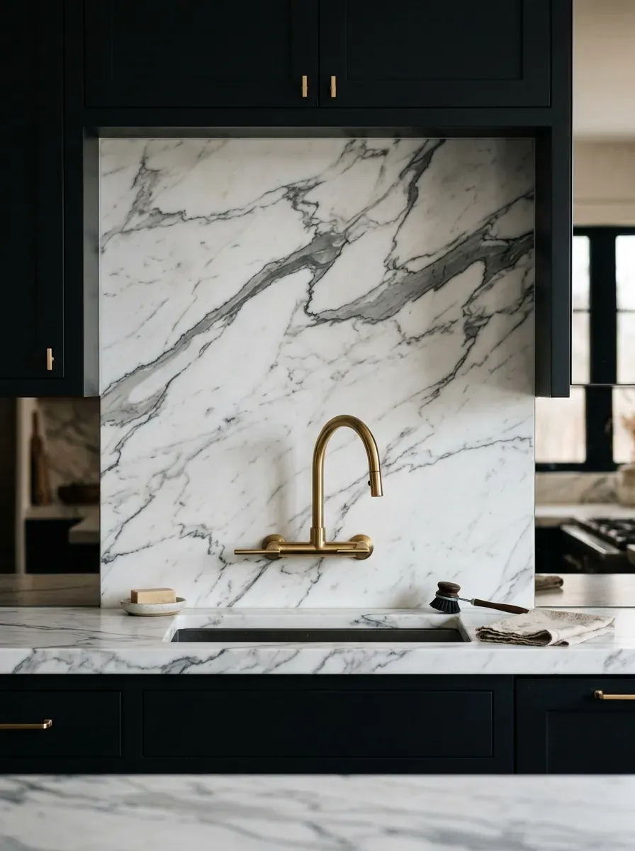 Historic kitchen backsplash crafted from antique silver-colored tin ceiling tiles
