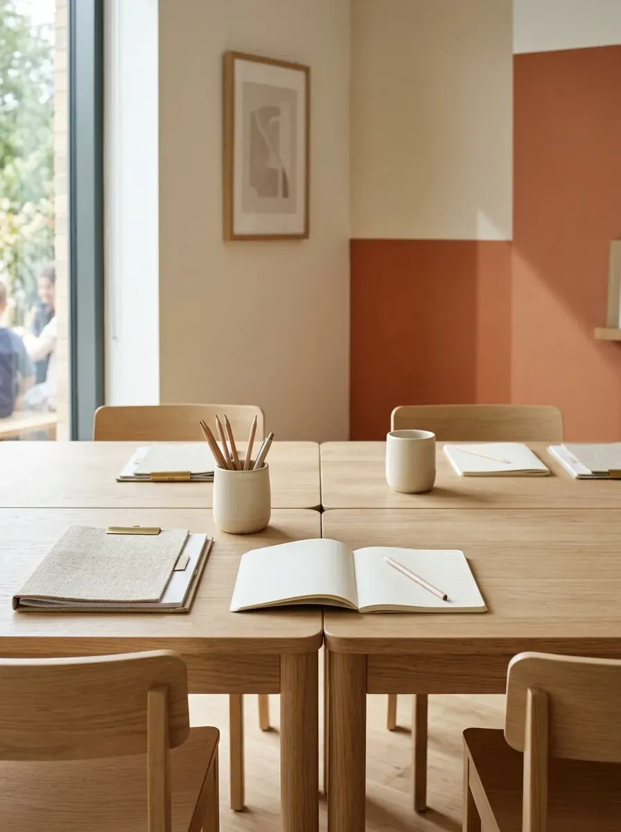 High-end close-up of a classroom styled in a warm neutral color palette with cream and terracotta accents