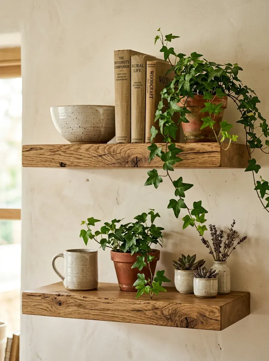 Rustic white oak floating shelves holding hand-thrown ceramic pots and trailing ivy vines