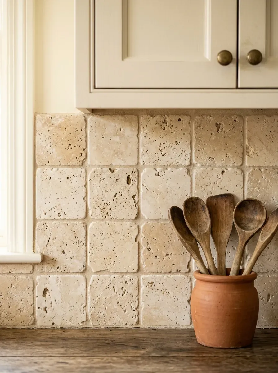 Luminous kitchen backsplash featuring white zellige tiles installed in a vertical stacked pattern