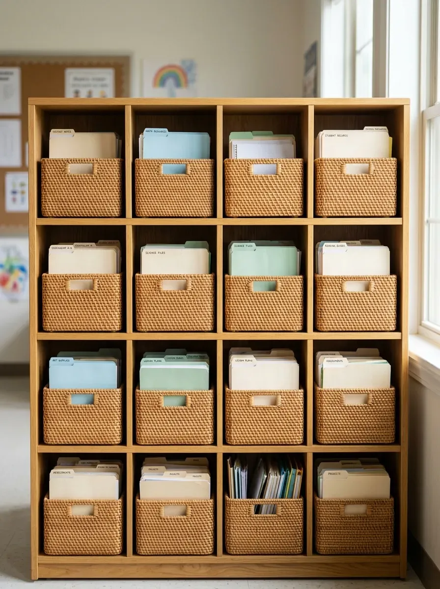Woven rattan storage baskets lined up neatly inside white oak open storage shelves